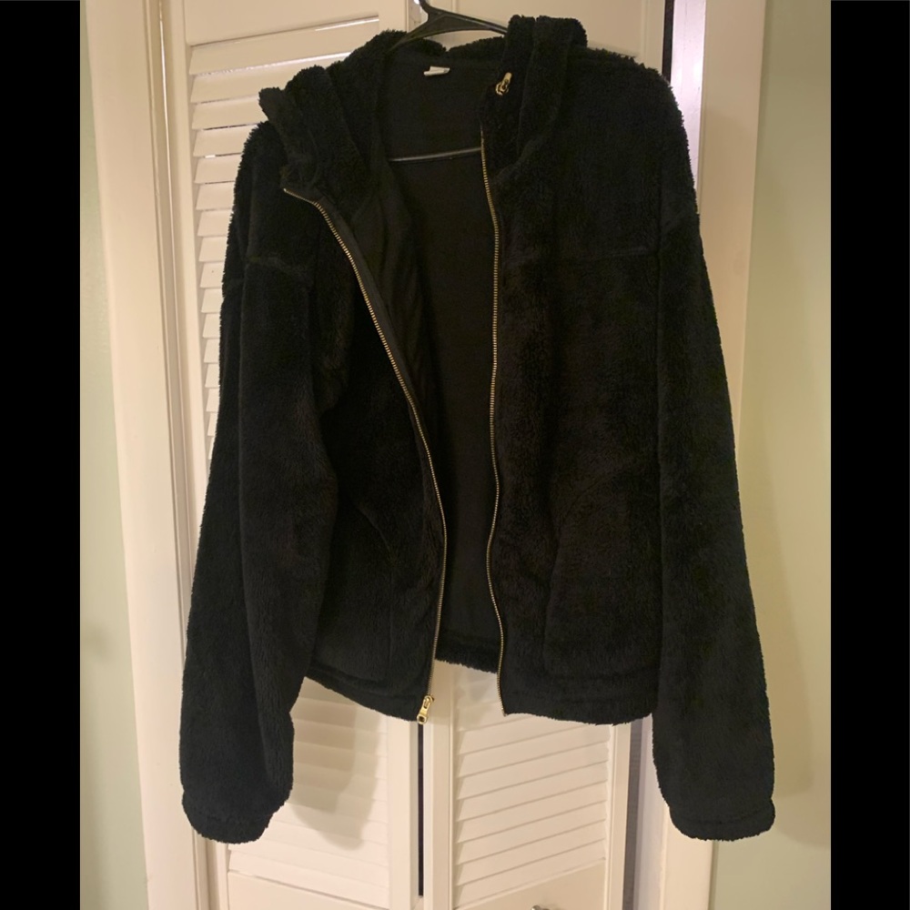 Black Hooded Fuzzy Jacket with Pockets